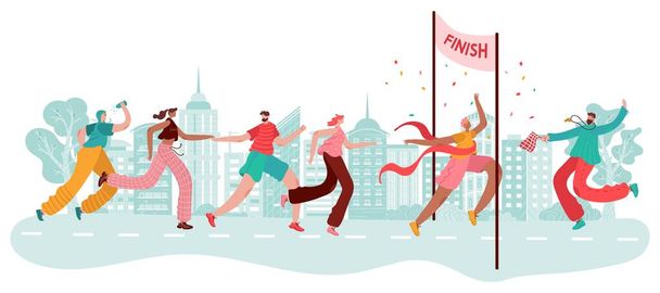 Marathon runners, sport winner at finish, athlete race, competition in city jogging and run cartoon vector illustration. - Vector, Image