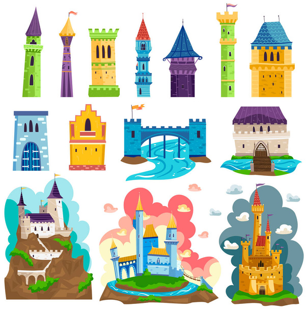 Замки вежі та фортеці архітектура Векторні ілюстрації мультиплікаційний набір, казкові середньовічні палаци з вежами, стінами та прапорами
. - Вектор, зображення