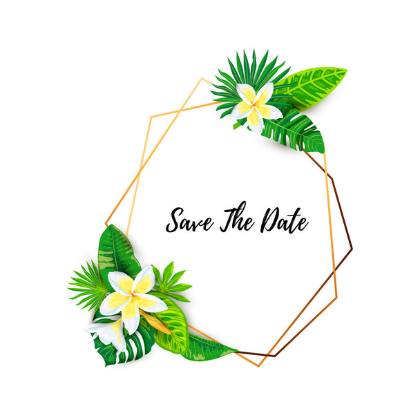Tropical leaves and Frangipani flower vector illustration. Place for text. Backdrop for summer sale, vacation, poster, SPA flyer, beauty offer, invitation, baby shower, wedding, bridal shower - Vektor, kép