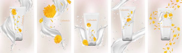 Colección caléndula crema en tubo. Salpicadura de leche con caléndula de flores. Producto cosmético. Caléndula realista. ilustración 3d
 - Foto, imagen