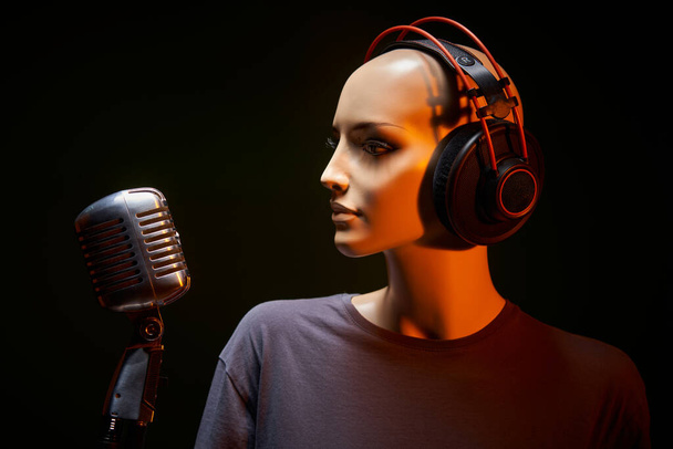 Mannequin with studio retro condenser microphone and professional headphones - Foto, imagen