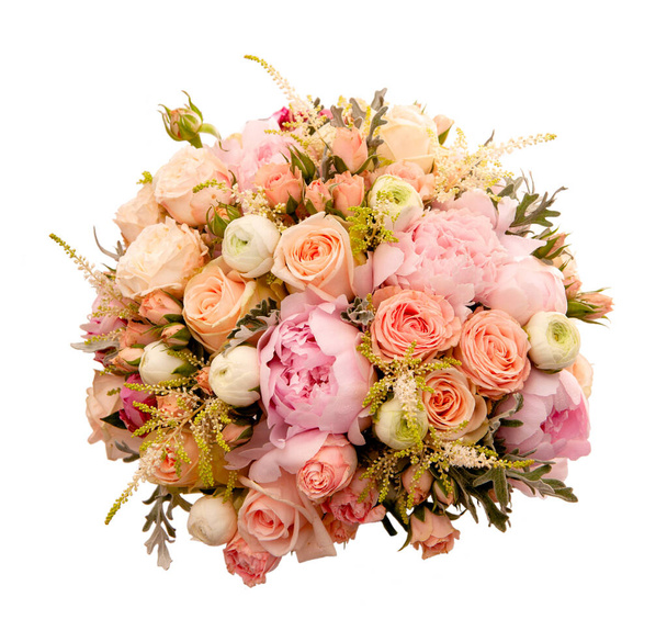 classic wedding bouquet of pink roses, top view - Photo, Image