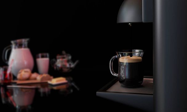 エスプレッソマシンがクリアグラスにコーヒーを注いでいる。背景の朝食のぼかしには、パン、ストロベリージャム、バター、新鮮な牛乳が透明な瓶に入っています。3Dレンダリング - 写真・画像