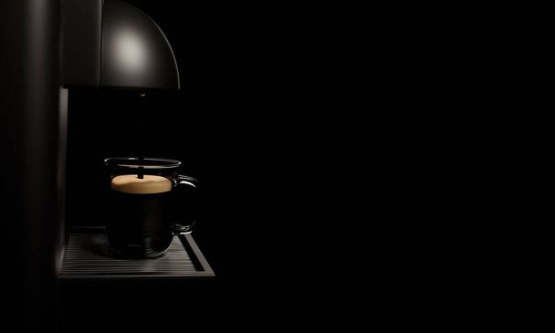 Espresso coffee machine Glossy black and shiny metal. Coffee is pouring into a clear coffee cup. Placed on a silver metal grate In the black background. 3D Rendering - Photo, Image