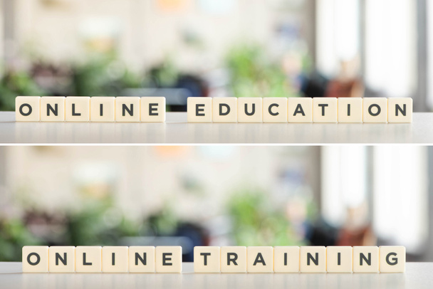 коллаж белых кубов с онлайн-образованием и онлайн-обучением, лежащих на белой поверхности - Фото, изображение