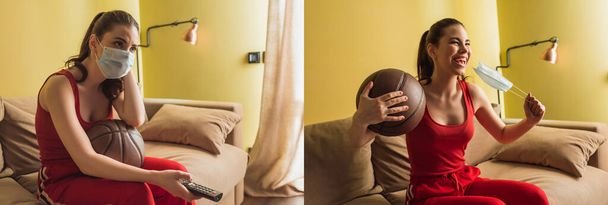 collage de sportive dans des masques médicaux tenant télécommande et basket-ball tout en regardant le championnat dans le salon
  - Photo, image