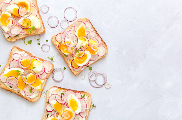 Delicious sandwiches with soft cream cheese, radishes, eggs and onions. Top view. - Foto, imagen