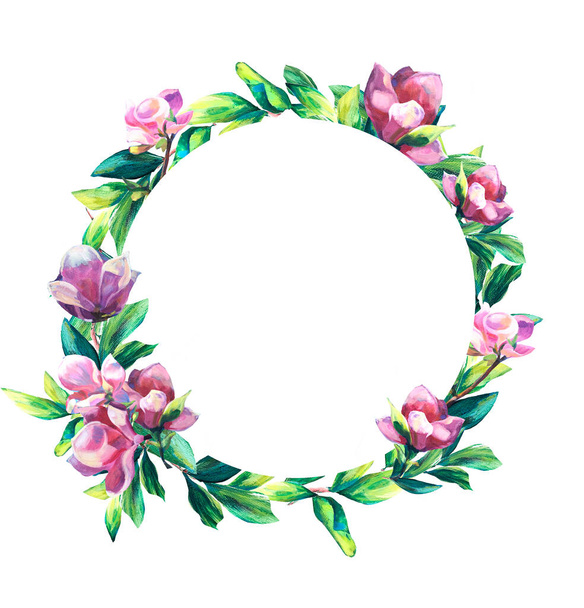 Circle Floral frame with pink Flowers and leaves. Hand painted texture. Spring blossom of Magnolia. Foliage border for greeting, inviting, wedding, - Zdjęcie, obraz