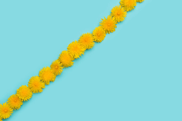 Voikukka kukkia sinisellä taustalla ylhäältä
 - Valokuva, kuva