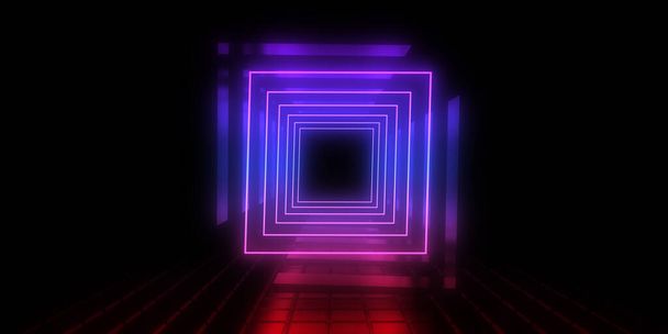 ネオンライトで3D抽象的な背景。ネオントンネル...宇宙建設。3Dイラスト - 写真・画像