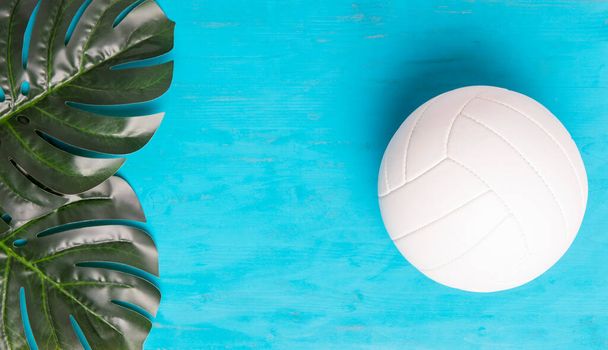 Two tropical monstera leaves and ball on blue wooden background - 写真・画像