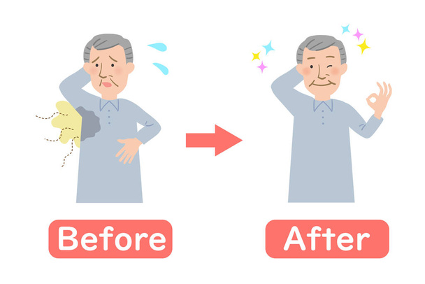 Before-after of vector illustrations of Grandpa suffering aside sweat - Vector, Image