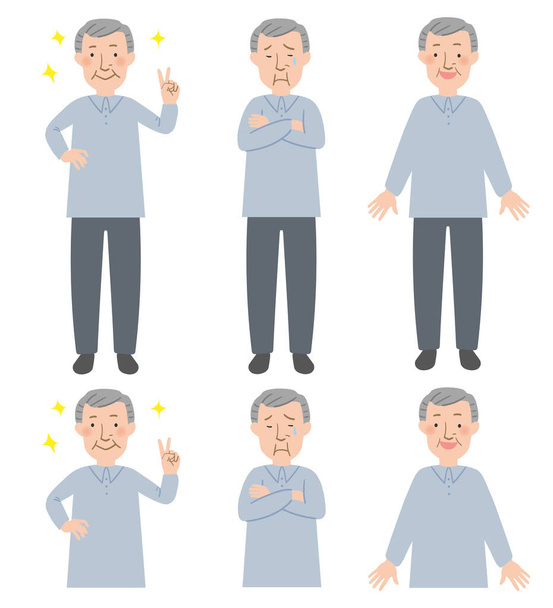 Peace sign, crying, upper body and the whole body of vector illustration set of bright expression of Grandpa - Vector, Image