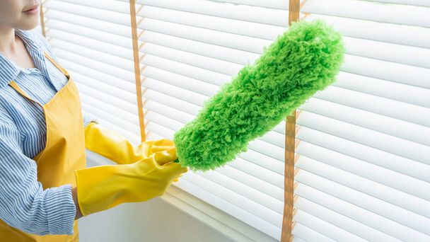 Young female spring cleaning house interior holding a duster for wiping dust dusting furniture at home - Photo, Image
