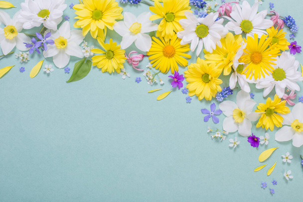 beautiful flowers  on blue paper background - Zdjęcie, obraz