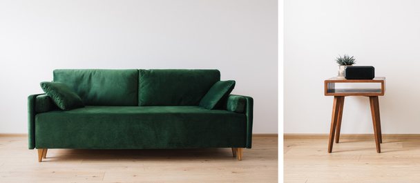 Yastıklı yeşil kanepe kolajı ve bitki ve alarmlı ahşap kahve masası. - Fotoğraf, Görsel