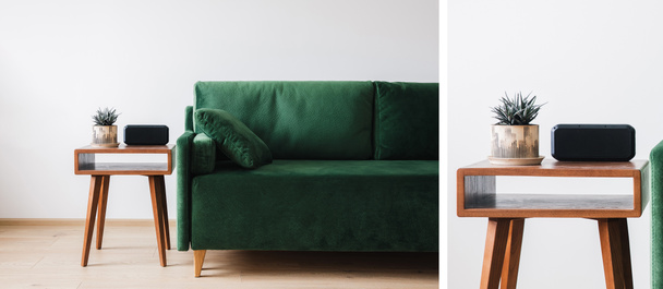 collage of green sofa with pillow and wooden coffee table with plant and alarm clock - Photo, Image