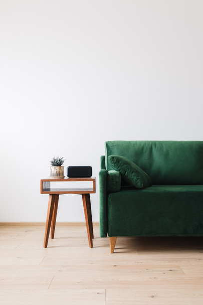 sofá verde con almohada y mesa de centro de madera con planta y despertador
 - Foto, Imagen