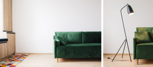 collage de sofá verde con almohada, lámpara de pie moderna de metal, alfombra y gabinetes de madera
 - Foto, Imagen