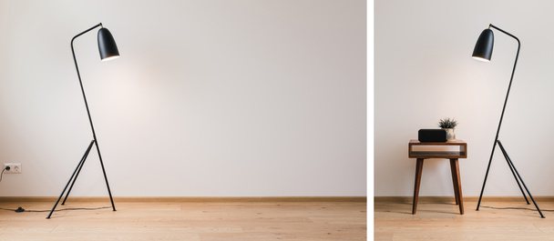 collage de lámpara de pie de metal y mesa de centro de madera con planta y reloj con pantalla en blanco
 - Foto, imagen