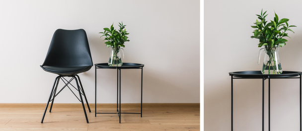 collage de table basse noire avec plante verte près de chaise moderne
 - Photo, image