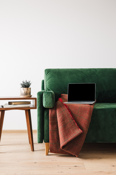 sofá verde com cobertor e laptop perto de mesa de café de madeira com planta e livros
 - Foto, Imagem