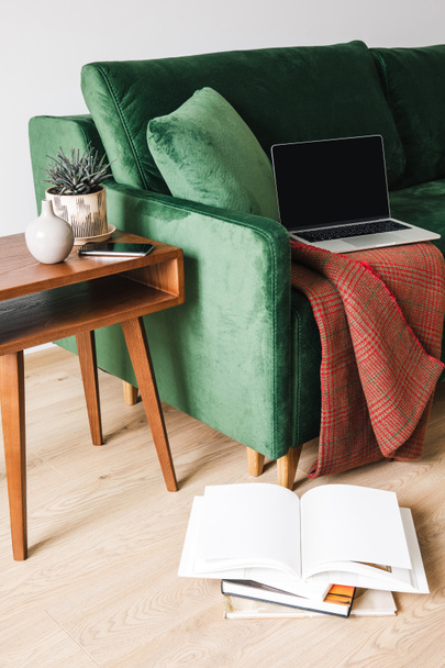 groene bank met deken en laptop in de buurt van houten salontafel met plant en smartphone in de buurt van boeken op de vloer - Foto, afbeelding