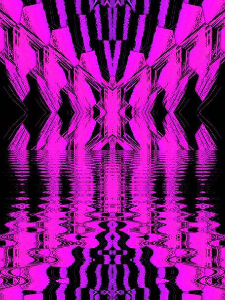 na černém pozadí tryskové jsou živé růžové vertikální geometrické věže tvarů a pak generovat mnoho vlnění efektu vzory a jedinečné vzory z odrazů vody - Fotografie, Obrázek