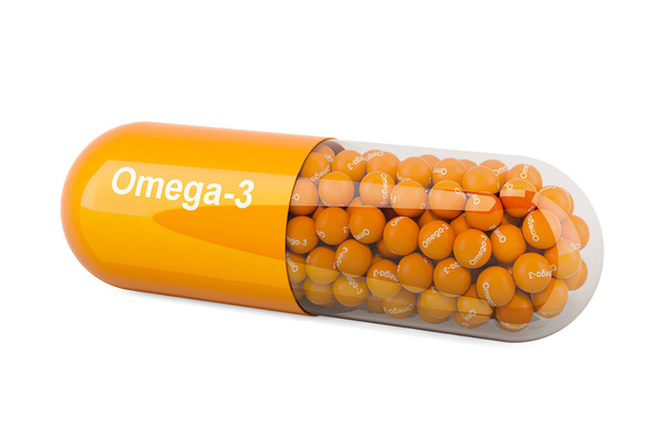Concepto de vitamina Omega-3, representación 3D aislada sobre fondo blanco
 - Foto, Imagen