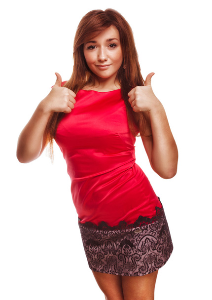 žena holka brunetka ukazuje pozitivní znamení palec Ano izolované emotikony - Fotografie, Obrázek