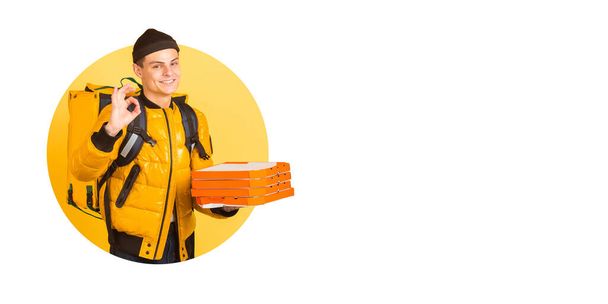 Emotions of deliveryman isolated on bright bicolor background with geometric style. Flyer with copyspace. - Foto, Imagen