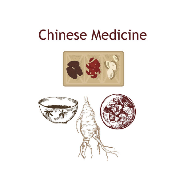 Čínská medicína, byliny a rostliny, zhen shen kořenové vektorové ilustrační banner. Alternativní medicína. - Vektor, obrázek