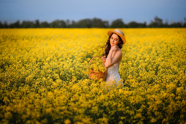 Beautiful woman in a flowering field. - Foto, Imagem