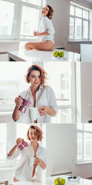 collage with girl pouring coffee from pot for breakfast on kitchen during quarantine - Photo, Image