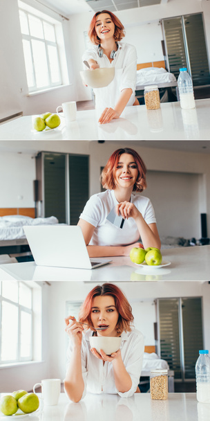 κολάζ με το κορίτσι που έχει πρωινό και ψώνια σε απευθείας σύνδεση με φορητό υπολογιστή και πιστωτικές κάρτες στην κουζίνα με μήλα κατά τη διάρκεια της καραντίνας - Φωτογραφία, εικόνα