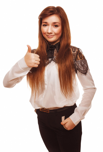 Жінка молоді емоції брюнетка дівчина показує знак позитиву так пальці
 - Фото, зображення