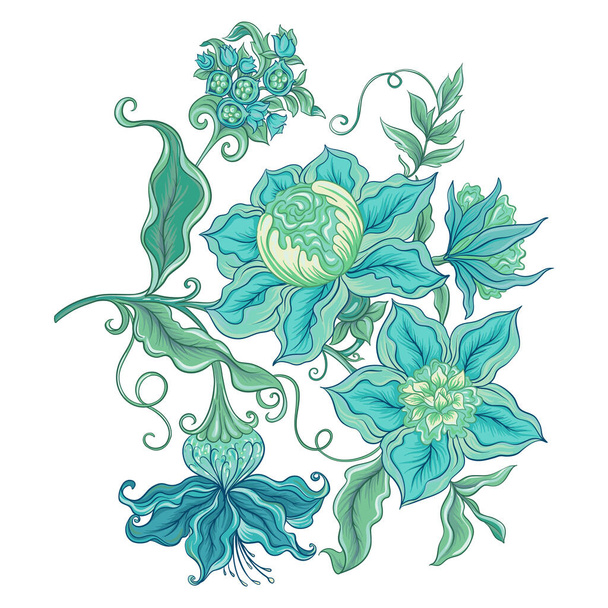 Fantasy flowers in retro, vintage, jacobean embroidery style. - ベクター画像