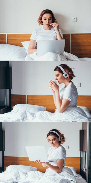 collage met aantrekkelijk meisje werken met headset, het drinken van koffie, en het luisteren naar muziek met koptelefoon en laptop in bed op zelfisolatie - Foto, afbeelding