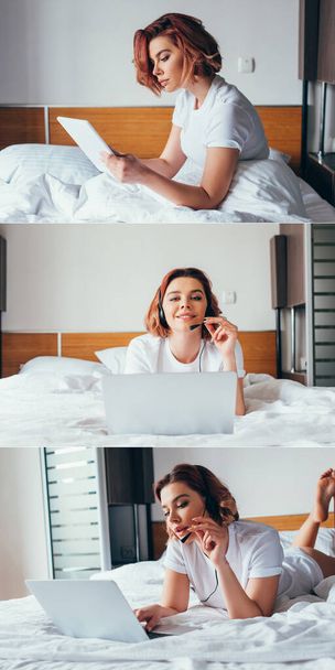 デジタルタブレットを使って魅力的な女の子とコラージュし隔離中にベッドの中でヘッドセットとラップトップでビデオ通話をする - 写真・画像