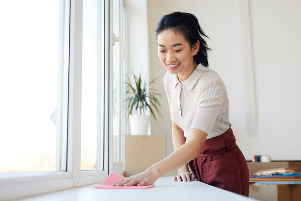 Evdeki ya da apartmandaki bahar temizliğinin keyfini çıkarırken pencere kenarlarını silen genç Asyalı kadın portresi. - Fotoğraf, Görsel
