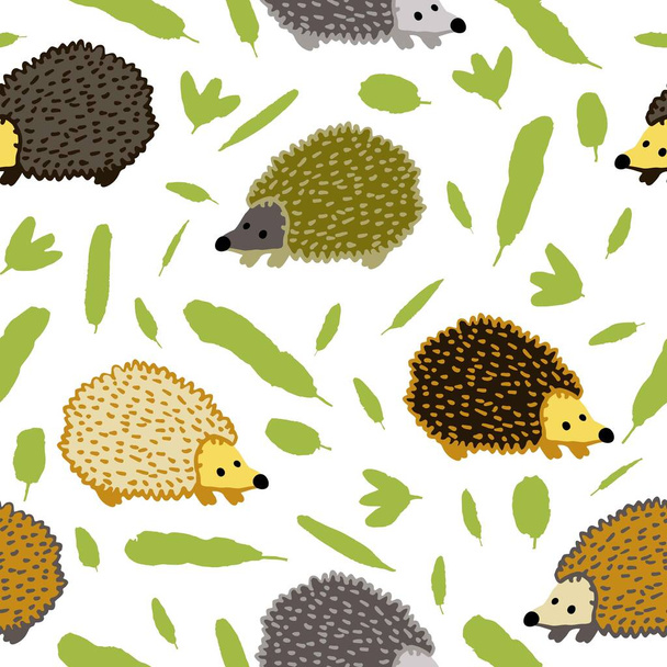 Seamless pattern with hedgehog and leaves isolated on white background. Cute little spiny animal. Flat style drawing. Fun design for textile, wallpaper, wrapping paper. Stock vector illustration. - Vetor, Imagem