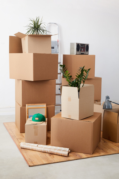 Vertical background image of cardboard boxes stacked in empty room with plants and personal belongings inside, moving or relocation concept, copy space - Photo, Image