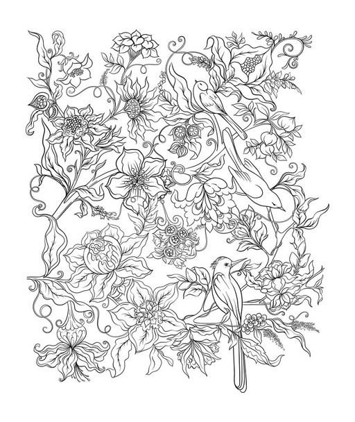 Fantasy flowers in retro, vintage, jacobean embroidery style. - Vector, Imagen
