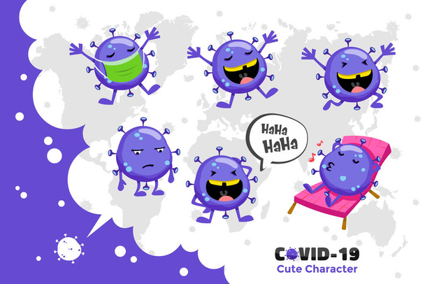 Covid-19 Coronavirus inspiration design. Roztomilý vektorový charakter Coronaviru na světě. Úsměv a relaxační póza - Fotografie, Obrázek