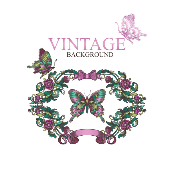 Vintage decorative floral frame with butterflies - Vector, Imagen
