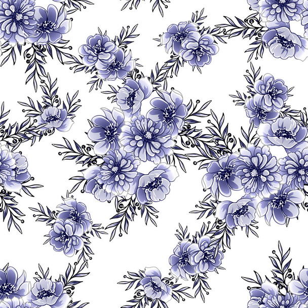 Seamless blue monochrome vintage style flowers pattern - Vettoriali, immagini