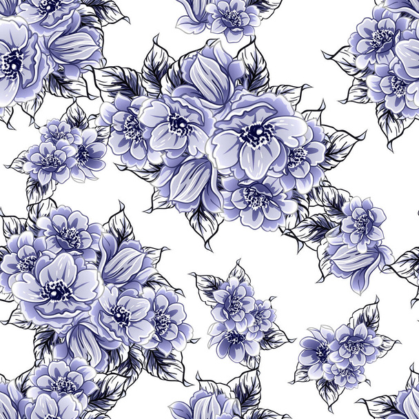 Seamless blue monochrome vintage style flowers pattern - Vektor, obrázek