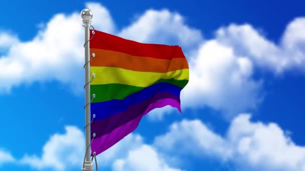 Close-up LGBT trots vlag zwaaiend naar de wind. Blauwe lucht achtergrond. lus 3d animatie - Video