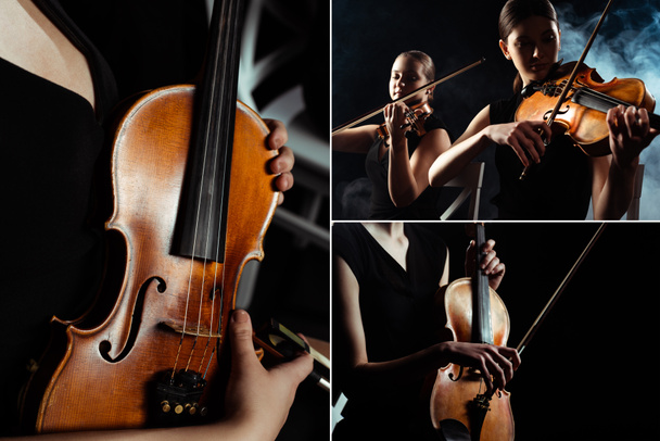 collage with professional musicians playing on violins on dark stage with smoke - Photo, Image