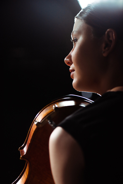 beautiful female musician playing on violin on dark stage - Fotoğraf, Görsel